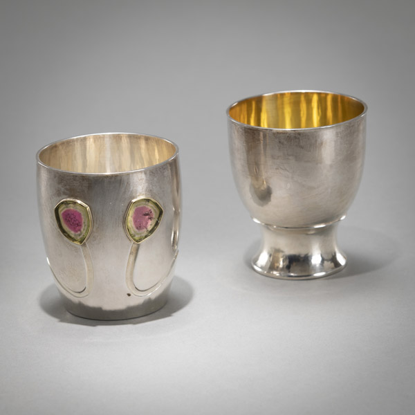 <b>TWO GERMAN STERLING SILVER BEAKER WITH ROCK CRYSTAL AND GLASS INLAY</b>