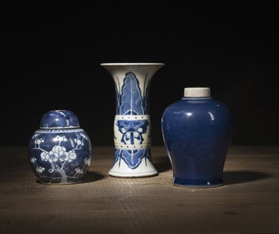 <b>THREE UNDERGLAZE-BLUE DECORATED PORCELAIN VASES AND A BOWL</b>