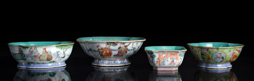 <b>A GROUP OF FOUR FAMILLE ROSE BOWLS WITH FIGURAL SCENES OR ANIMALS</b>
