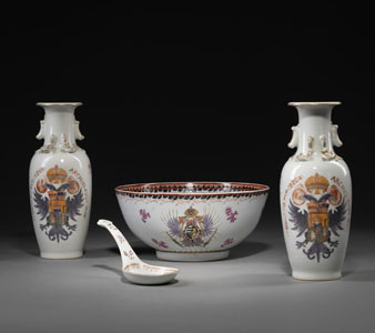 <b>A PAIR OF 'FAMILLE ROSE' PORCELAIN VASES WITH AUSTRIAN COAT-OF-ARMS, AN ARMORIAL PUNCH BOWL, AND A LADLE</b> <b>A PAIR OF 'FAMILLE ROSE' PORCELAIN VASES WITH AUSTRIAN COAT-OF-ARMS, AN ARMORIAL PUNCH BOWL, AND A LADLE</b>