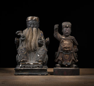<b>TWO CARVED WOOD FIGURES OF 'LU' AND A GUARDIAN</b> <b>TWO CARVED WOOD FIGURES OF 'LU' AND A GUARDIAN</b>