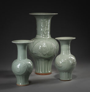 <b>A PAIR OF SMALL CELADON 'YENYEN' AND A LARGER VASE</b>
