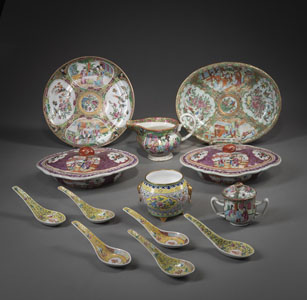 <b>A GROUP OF EXPORT PORCELAIN DISHES, VESSELS, AND SPOONS, AND A CANTON-ENAMEL VASE</b>