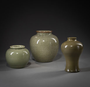 <b>TWO SELADON VASES AND A TEADUST-GLAZED VASE 'MEIPING'</b>
