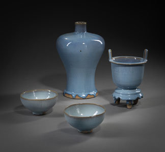 <b>A PAIR OF JUN-GLAZED BOWLS, A TRIPOD CENSER, AND A VASE 'MEIPING'</b>