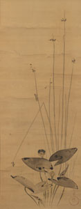 <b>THREE PAINTINGS ON PAPER DEPITING A LANDSCAPE, A BIRD AND LOTUS WITH A GRASSHOPPER, MOUNTED AS HANGING SCROLLS</b>