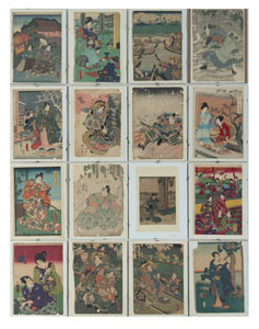 <b>16 Farbholzschnitte, teils Nachdrucke, mit Darstellungen von u.a. Schauspielern, Kriegern, bijin</b>