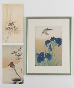 <b>OHARA KOSON (1877-1945): THREE WOODBLOCK PRINTS OF A PAIR OF SPARROWS BETWEEN BAMBOO, PHEASANTS IN SNOW AND A KINGFISHER WITH IRIS</b>
