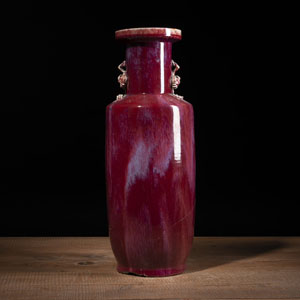 <b>A PEACH-HANDLED FLAMBÉ ROULEAU VASE</b>