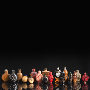 <b>A GROUP OF 17 RED-LACQUER, LAC BURGAUTÉ, AND WOOD SNUFFBOTTLES</b>