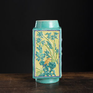 <b>A POLYCHROME FLORAL RELIEF PORCELAIN 'CONG' VASE</b> <b>A POLYCHROME FLORAL RELIEF PORCELAIN 'CONG' VASE</b>