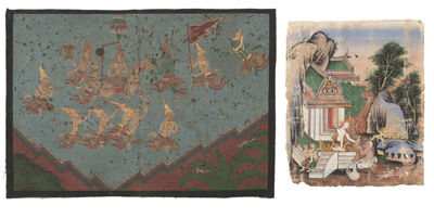 <b>TWO PAINTINGS ON COTTON DEPICTING BUDDHIST SCENES</b>