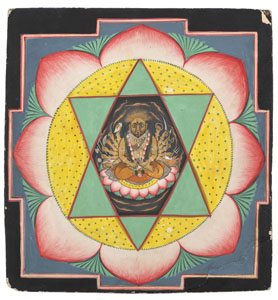 <b>Yantra mit einer zornvollen Gottheit und Andachtsbild mit Kṛṣṇa und Rādhā</b>