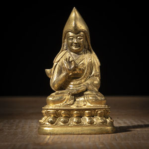 <b>Feuervergoldete Figur aus Bronze vermutlich Tsongkhapa</b>