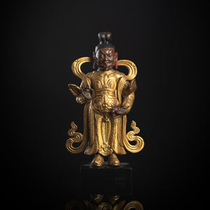 <b>Partiell feuervergoldete Kupfer-Repoussé Figur des Vaishravana</b>