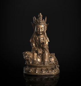 <b>Figur aus Bronze vermutlich Guanyin auf einem Löwen sitzend</b>