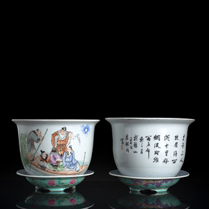 <b>A PAIR OF POLYCHROME PAINTED PORCELAIN PLANTERS WITH COASTERS DEPICTING THE THREE MING GREAT TALENTS IN A FERRY BOAT AND A POEM INSCRIPTION</b>