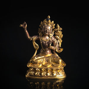 <b>Partiell feuervergoldete Bronze des Manjushri</b>