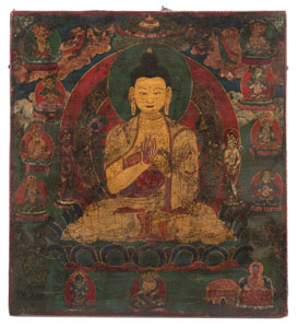 <b>Votivtafel aus Holz mit polychromer Malerei des Buddha Shakyamuni</b>