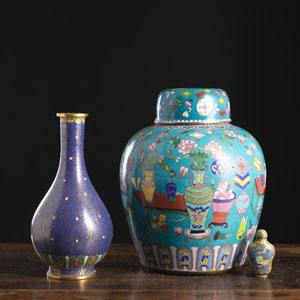 <b>TWO CLOISONNÉ-ENAMEL VASES AND A SNUFFBOTTLE</b> <b>TWO CLOISONNÉ-ENAMEL VASES AND A SNUFFBOTTLE</b>