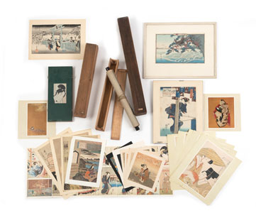 <b>A GROUP OF WOODBLOCK PRINTS, A.O. SIGNED KUNIYOSHI, AND AN ORCHID PAINTING MOUNTED AS A HANGING SCROLL</b>