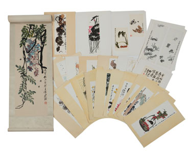 <b>A HANGING SCROLL WITH COLOR WOODBLOCK PRINT AFTER QI BAISHI'S 