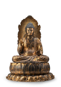 <b>Sehr große Holzfigur des Buddha Shakyamuni mit goldener und schwarzer Lackfassung</b>