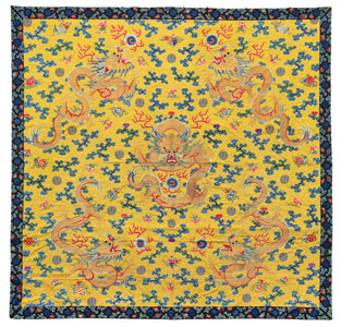 <b>AN IMPORTANT AND EXTREMELY RARE IMPERIAL YELLOW HANGING WITH FIVE DRAGONS</b>