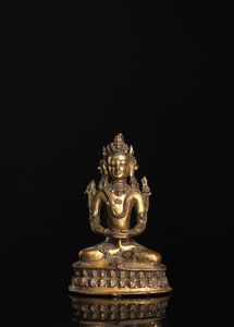 <b>Feuervergoldete Bön-Bronze des Kunzang Ankor auf einem Thron</b>