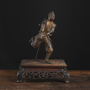 <b>A MIXED-METALL MIYAO STYLE FIGURE OF A SAMURAI WITH DRAWN SWORD MOUNTED ON WOOD STAND</b>