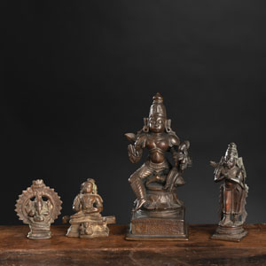 <b>FOUR BRONZE FIGURES OF VISHNU WITH LAKSHMI, RAMA, A SEATED DEITY, AND GANESHA</b>