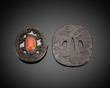 <b>Namban-Tsuba und Tsuba als Gürtelschließe in Silber montiert</b>