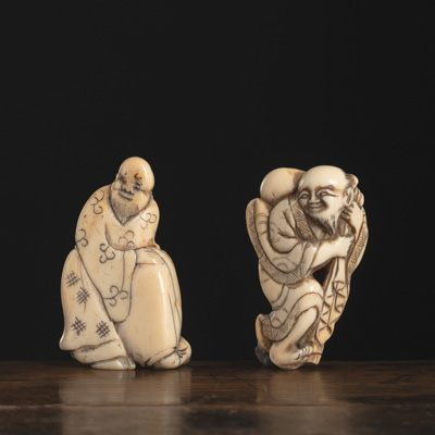 <b>TWO IVORY NETSUKE: SENNIN OR HOTEI WITH A BAG ON HIS SHOULDER AND STANDING CHINESE WITH A LARGE BAG</b>