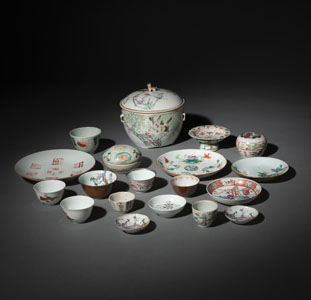 <b>A 'FAMILLE ROSE' PORCELAIN BOX AND COVER WITH INLAY, VARIOUS BOWLS, AND DISHES</b>