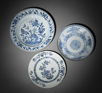 <b>THREE BLUE AND WHITE PORCELAIN FLORAL PLATES</b> <b>THREE BLUE AND WHITE PORCELAIN FLORAL PLATES</b>