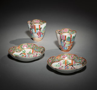 <b>TWO QUATREFOIL 'FAMILLE ROSE' FIGURAL PORCELAIN CUPS AND SAUCERS</b>
