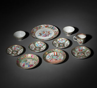<b>A GROUP OF 'FAMILLE ROSE' FIGURAL PORCELAIN DISHES, BOWLS, AND A CUP</b>