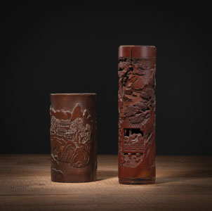 <b>A BAMBOO LANDSCAPE BRUSHPOT AND A FIGURAL BAMBOO INCENSE HOLDER</b>