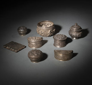 <b>SIX SILVER BOXES, A BOWL, AND A CARD CASE</b>