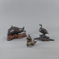 <b>A BRONZE MODEL OF A CARP AND TWO BRONZE FISH AND GOOSE CENSERS</b>