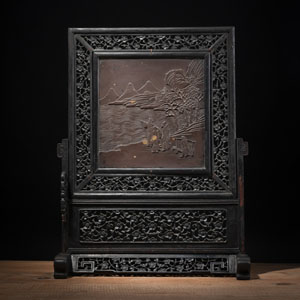 <b>A 'DUAN' STONE PANEL WITH FIGURES IN A LANDSCAPE MOUNTED AS A SCREEN</b>