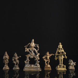 <b>A GROUP OF SIXE VARIOUS BRONZE FIGURES AMONG OTHERS KRISHNA</b>