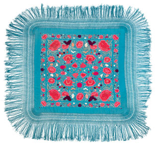 <b>AN EMBROIDERED SILK COVER WITH PINK FLOWERS ON TURQUOISE SATIN AND KNOTTED FRINGES</b>