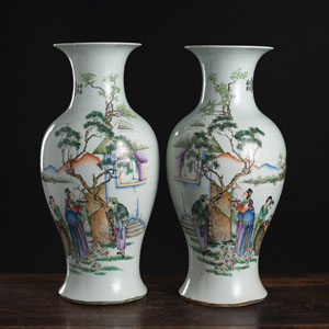 <b>TWO INSCRIBED 'FAMILLE ROSE' FIGURAL PORCELAIN BALUSTER VASES</b>