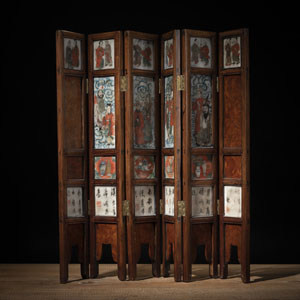 <b>A SIX-PART POLYCHROME AND INSCRIBED PORCELAIN TILES AND ROOTWOOD-INSETS</b>