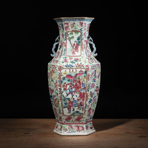 <b>A HEXAGONAL 'FAMILLE ROSE' FIGURAL PORCELAIN VASE</b>