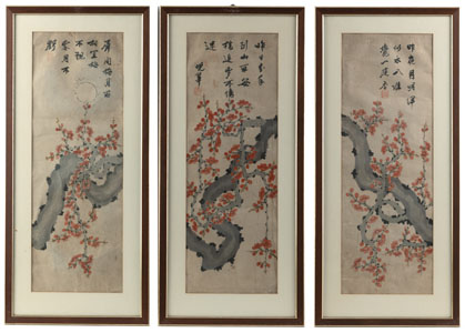 <b>Triptychon mit Darstellung eines blühenden Prunus-Asts unter Vollmond. Tusche und Farbe auf Papier</b>