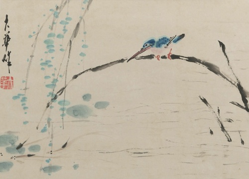 <b>Malerei eines Eisvogels am Teich mit Fischen. Tusche und Farben auf Papier, als Albumblatt</b>