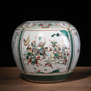 <b>A LARGE GLOBULAR 'FAMILLE VERTE' LITERARY SCENES AND BIRDS PORCELAIN JARDINIÈRE</b> <b>A LARGE GLOBULAR 'FAMILLE VERTE' LITERARY SCENES AND BIRDS PORCELAIN JARDINIÈRE</b>