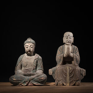 <b>TWO WOOD FIGURES OF BUDDHA AND A MONK</b>